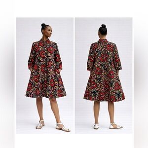 Zuri Kenya African Print Shirt Dress Black Red Floral A-Line Button Front Size L